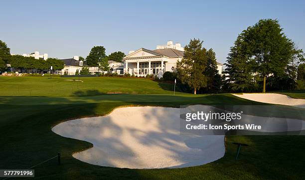 General view of the 18th green with the clubhouse prior to the Quail Hollow Championship at Quail Hollow Country Club in Charlotte, North Carolina on...