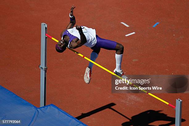 Jonathan Reid of Kingston College competes in the High School Boys High Jump Championship during the 2010 Penn Relays at The University of...