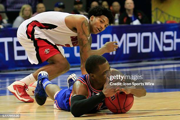 Texas-Arlington Mavericks guard Reger Dowell calls for a time out after regaining control of the ball during the ULL v UT Arlington Men's Semifinal...