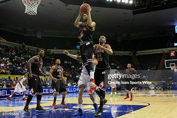 Arkansas State Red Wolves guard Melvin Johnson III comes away with a rebound during the Georgia State v Arkansas State Men's Semifinal basketball...