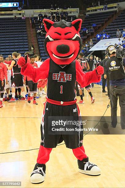 The Arkansas State mascot during the Georgia State v Arkansas State Men's Semifinal basketball game at UNO Lakefront Arena, New Orleans, LA.
