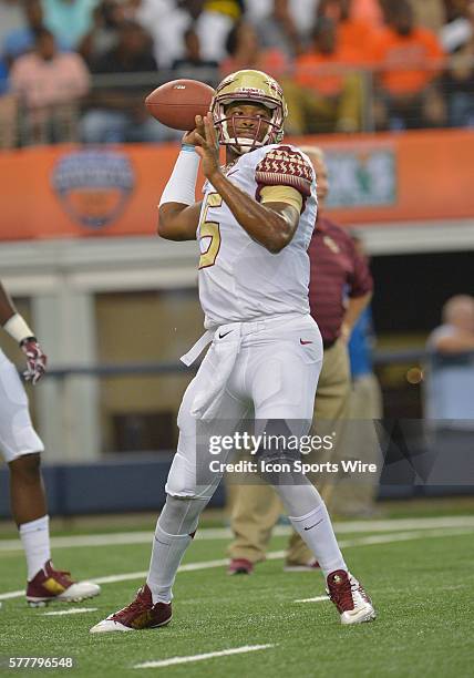 Florida State Seminoles quarterback Jameis Winston warming up before the Cowboys Classic - Florida State at Oklahoma State at AT&T Stadium in...