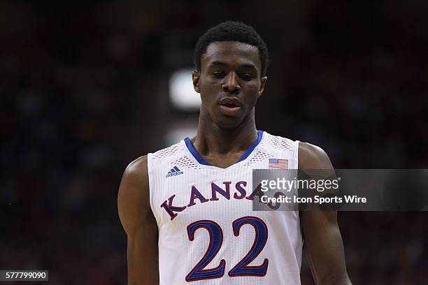 Kansas Jayhawks guard Andrew Wiggins during the semifinals of the Phillips 66 Big 12 Men's Basketball Championship. The Iowa State Cyclones defeated...