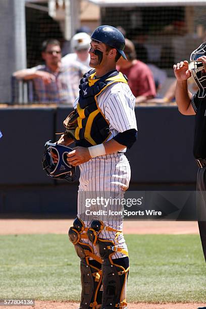 Bryce Harper of College of Southern Nevada Coyotes in catchers gear during a baseball game between College of Southern Nevada Coyotes and Western...