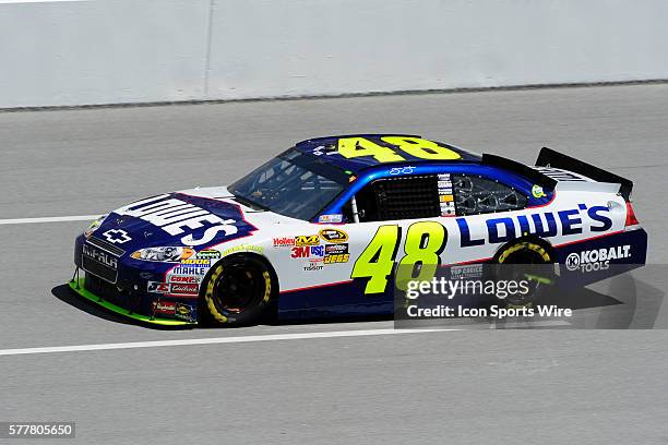 Jimmie Johnson Hendrick Motorsports Chevrolet Impala SS goes down the backstretch in the 41st Annual Aarons 499 NASCAR Sprint Cup Series race at...