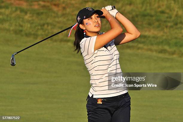 Tiffany Lua of Team USA watches her approach to the green on the 18th hole during the 36th Curtis Cup Match at the Essex County Club in Manchester, MA