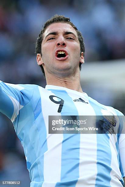 Gonzalo Higuain celebrates his second of three goals of the match. The Argentina National Team defeated the South Korea National Team 4-1 at Soccer...