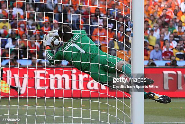 Thomas Sorensen saves a shot on goal. The Netherlands National Team defeated the Denmark National Team 2-0 at Soccer City Stadium in Johannesburg,...
