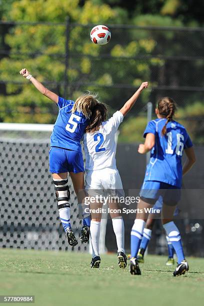 Duke midfielder Kaitlyn Kerr and Middle Tennessee State midfielder Laura Lamberth during a game between the Middle Tennessee State Blue Raiders and...