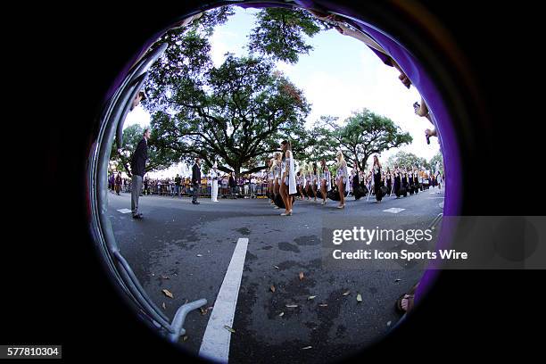 September 2010; West Virginia at LSU; The LSU marching band and Golden Girls march down stadium drive before the game; before the game; LSU led 17-7...