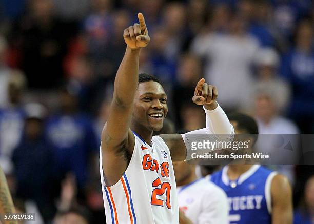 Florida Gators guard Michael Frazier II reacts in the Florida Gators 61-60 victory over the Kentucky Wildcats in the SEC Tournament at The Georgia...