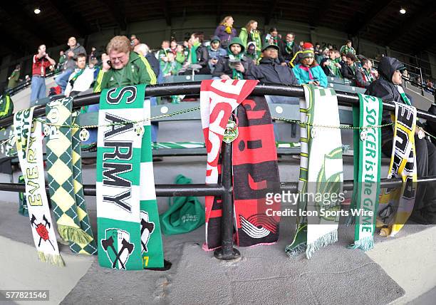 March 16, 2014 - Portland Timbers scarves adorn the railing in the Timbers Army section of the stadium during a Major League Soccer game between the...