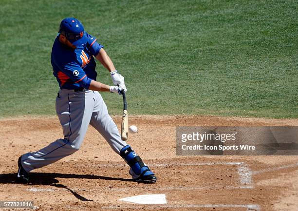 New York Mets right fielder Andrew Brown makes contact with the bat against the Washington Nationals at Space Coast Stadium in Viera, FL. New York...