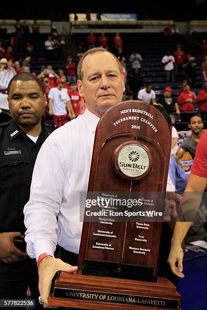 Louisiana Lafayette Ragin Cajuns head coach Bob Marlin with the Championship Trophy after the Georgia State v University of Louisiana Lafayette Men's...