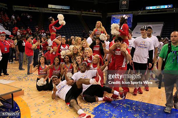 Cheerleaders and players after the Georgia State v University of Louisiana Lafayette men's championship basketball game at UNO Lakefront Arena, New...