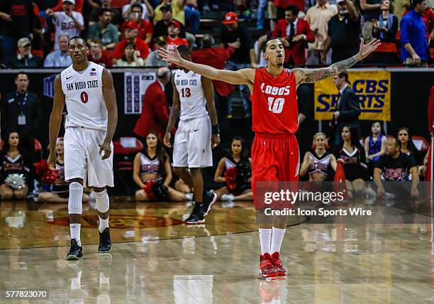 New Mexico Lobos guard Kendall Williams celebrates in the final second of the game between New Mexico Lobos and San Diego State Aztecs for the...