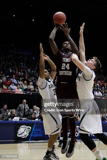 Aaric Murray of the Texas Southern Tigers with a shot during the second half of the Cal Poly Mustangs game versus the Texas Southern Tigers in the...