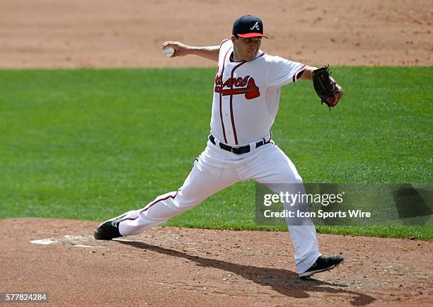 Atlanta Braves starting pitcher David Hale delivers a pitch to the New York Yankees at Champion Stadium in Lake Buena Vista, FL. New York defeated...