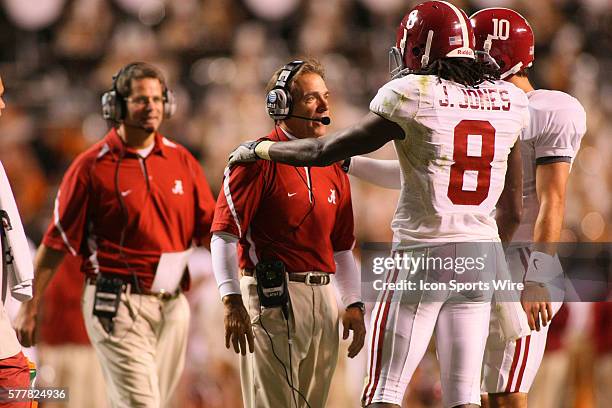 Alabama head coach Nick Saban talks to receiver Julio Jones and backup quarterback A.J. McCarron late in the fourth quarter. The Tennessee Volunteers...