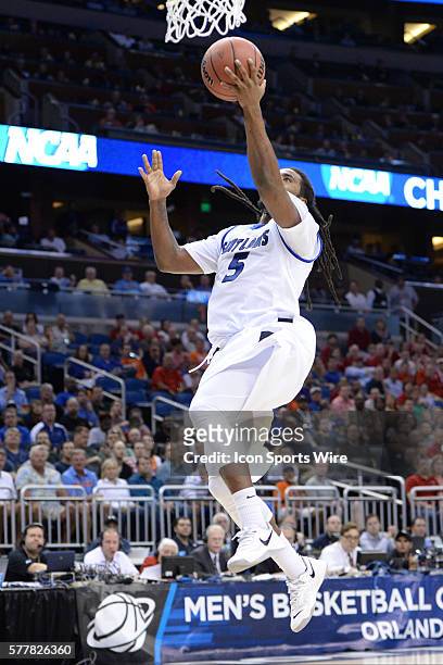 Jordair Jett of the Saint Louis Billikens with a layup during the NC State Wolfpack game versus the Saint Louis Billikens in the Second Round of the...