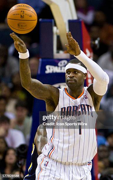 Charlotte Bobcats shooting guard Stephen Jackson passes the ball against the Indiana Pacers during an NBA basketball game at Time Warner Cable Arena...