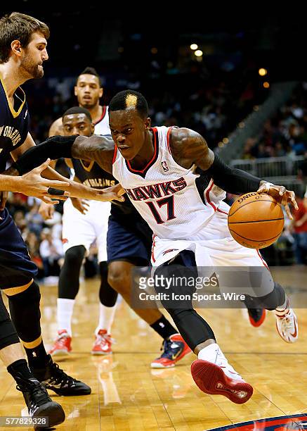 Atlanta Hawks Guard Dennis Schroder [3618] drives into the lane during the NBA match up between the Atlanta Hawks and the New Orleans Pelicans at...