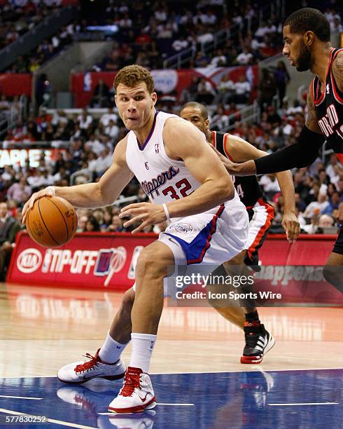 Los Angeles, CA Los Angeles Clippers power forward Blake Griffin backs down Portland Trail Blazers power forward LaMarcus Aldridge at the Staples...