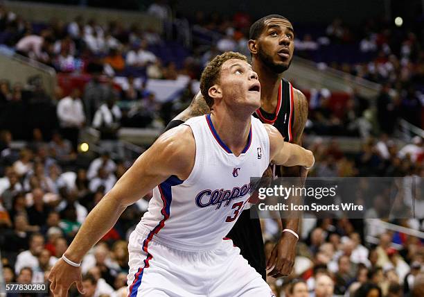 Los Angeles, CA Los Angeles Clippers power forward Blake Griffin boxes out Portland Trail Blazers power forward LaMarcus Aldridge at the Staples...