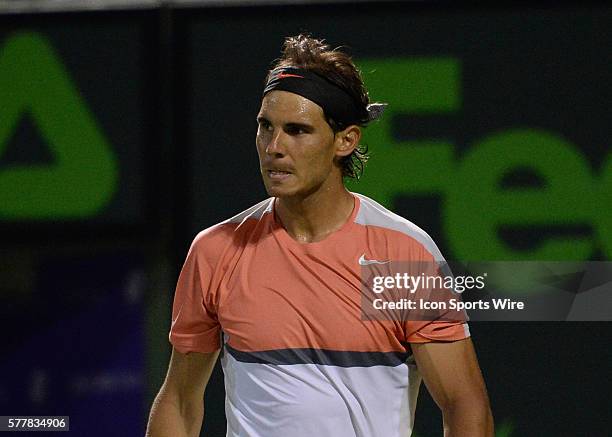 Rafael Nadal in not happy during Men's single Quarterfinal match agains Milos Raonic at the Sony Open in Crandon Park, Florida