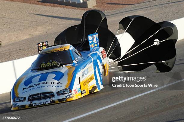 Matt Hagan DSR Dodge Charger NHRA Funny Car NHRA Pro Stock pops his chutes after his top qualifying run during the 15th Annual SummitRacing.com NHRA...