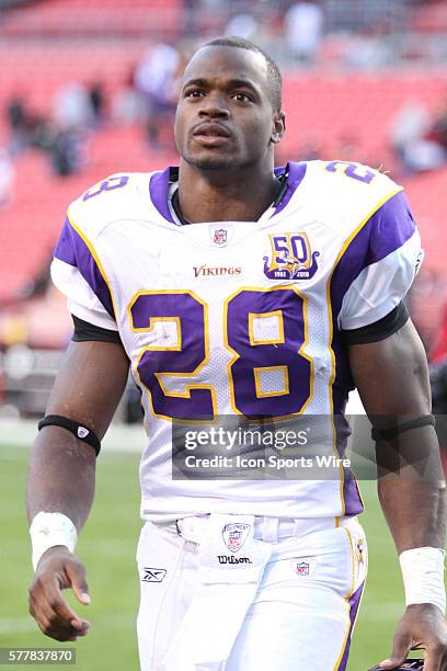 Minnesota Vikings running back Adrian Peterson after game against the Washington Redskins. The Vikings defeated the Redskins 17-13 at Fed Ex Field in...