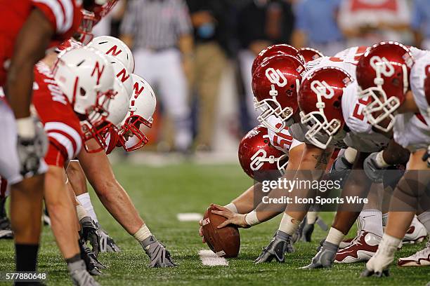 Offensive line of the Oklahoma Sooners faces off against the defensive line of the Nebraska Cornhuskers during the Oklahoma 23-20 win over Nebraska...