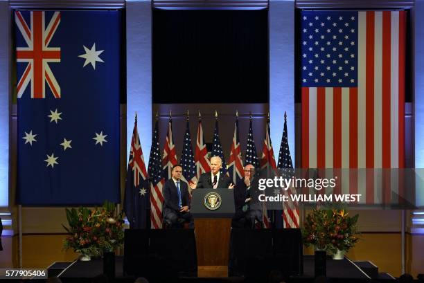 Vice President Joe Biden delivers a speech at the Paddington Town Hall in Sydney on July 20, 2016. Biden is visiting Australia on a four day trip...