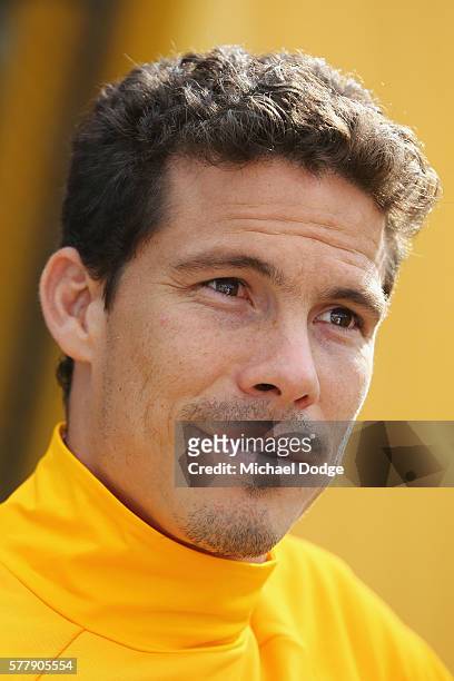Hernanes of Juventus speaks to media during a Richmond Tigers AFL and Juventus FC media opportunity at Punt Road Oval on July 20, 2016 in Melbourne,...