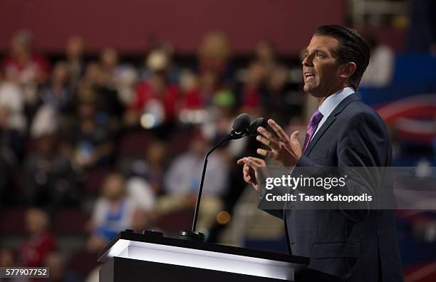 Donald Trump Jr. Speaks on the second day of the Republican National Convention on July 19, 2016 at the Quicken Loans Arena in Cleveland, Ohio. An...