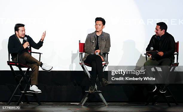 Justin Lin, John Cho and Scott Feinberg speak at the "Star Trek Beyond" Silicon Valley Screening Series Event Hosted by The Hollywood Reporter and...