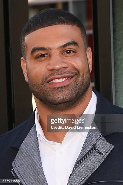 Player Shawne Merriman arrives at the premiere of New Line Cinema's "Lights Out" at the TCL Chinese Theatre on July 19, 2016 in Hollywood, California.