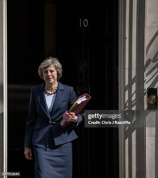 British Prime Minister Theresa May leaves number 10 Downing Street to attend Prime Minister's Questions at the Houses of Parliament on July 20, 2016...