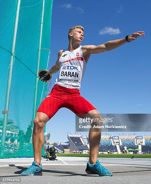 Patryk Baran from Poland competes in men's discus throw decathlon during the IAAF World U20 Championships at the Zawisza Stadium on July 20, 2016 in...