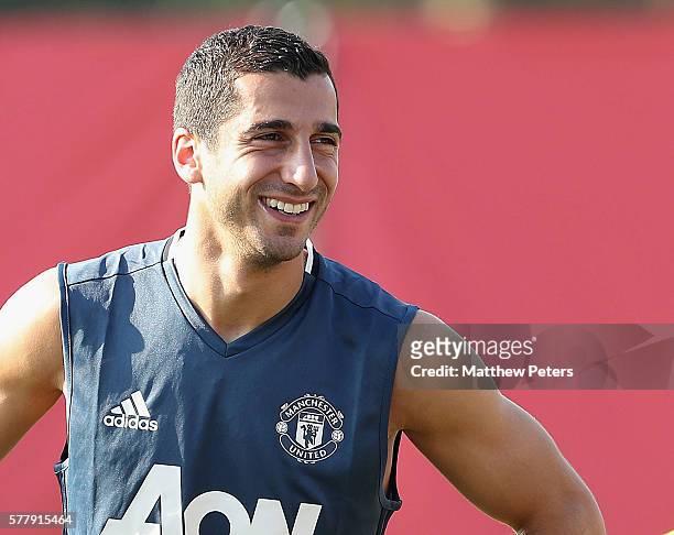 Henrikh Mkhitaryan of Manchester United in action during a first team training session as part of their pre-season tour of China at Century Park on...