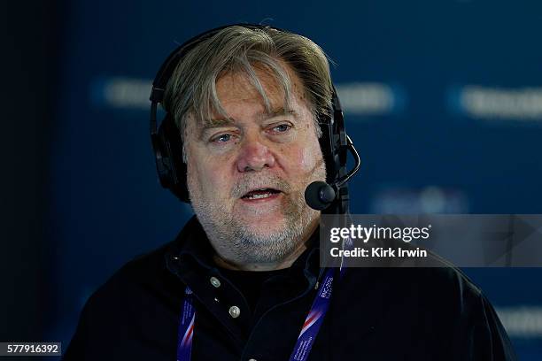 Stephen K. Bannon talks about immigration issues with a caller while hosting Brietbart News Daily on SiriusXM Patriot at Quicken Loans Arena on July...