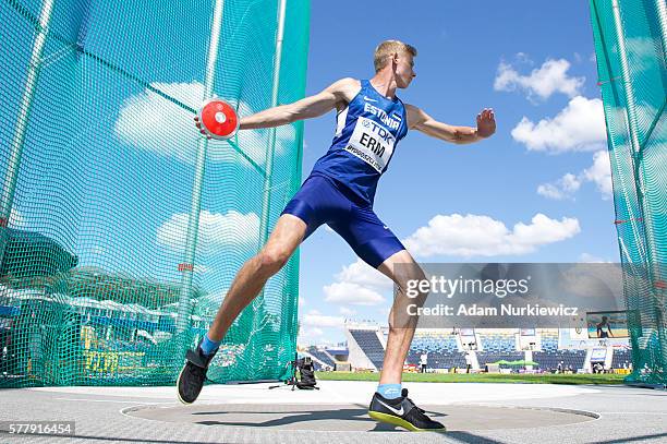 Johannes Erm from Estonia competes in menâs discus throw decathlon during the IAAF World U20 Championships at the Zawisza Stadium on July 20, 2016 in...