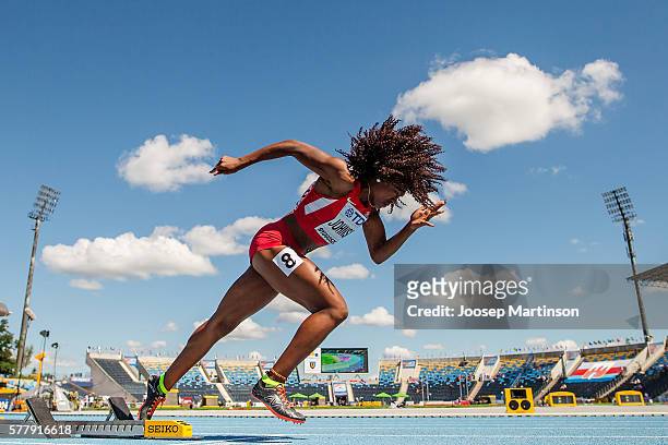 Brandee Johnson from USA competes in women's 400 meters hurdles during the IAAF World U20 Championships at the Zawisza Stadium on July 20, 2016 in...