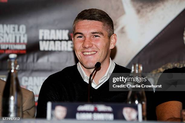 Liam Smith chats to the media during the Canelo Alvarez vs Liam Smith boxing press conference at The Landmark Hotel on July 20, 2016 in London,...