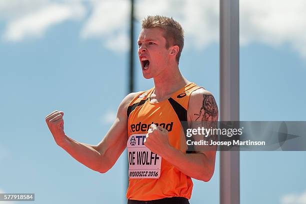 Rody De Wolff from Netherlands celebrates during men's pole vault decathlon during the IAAF World U20 Championships at the Zawisza Stadium on July...