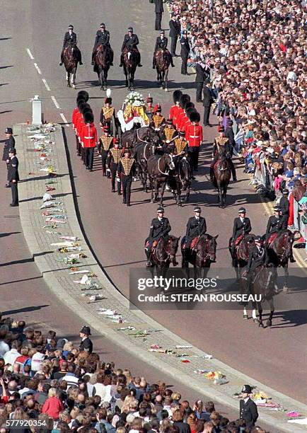 The funeral cortege of Diana, Princess of Wales, makes its way down Carriage Drive, Hyde Park, 06 September as it travels to Westminster Abbey for...