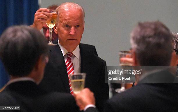 Vice President Joe Biden gives a toast at a dinner with the Governor of Victoria Linda Dessau at Government House in Melbourne, Sunday, July 2016. Mr...