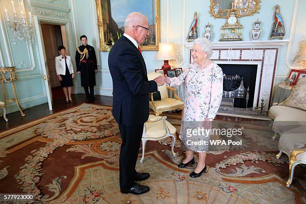 Queen Elizabeth II receives David Hurley, Governor of New South Wales, at the start of a private audience at Buckingham Palace on July 20, 2016 in...