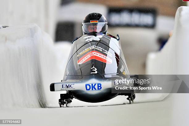Karl Angerer pilots a 2-man bobsled for Germany in a training run prior to the Viessmann FIBT World Cup Championships in Lake Placid, New York, USA.