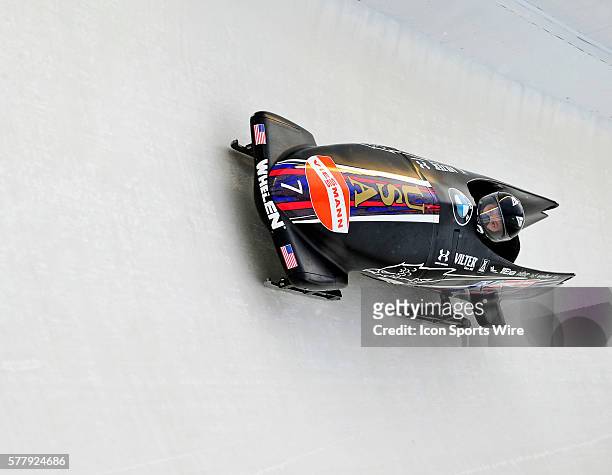 Steven Holcomb pilots a 2-man bobsled for the USA in a training run prior to the Viessmann FIBT World Cup Championships in Lake Placid, New York, USA.